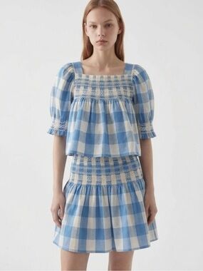 LEOFFLER RANDALL Blue and Cream Gingham Smocked Two-Piece Set